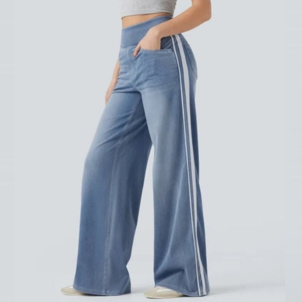 NWT Halara Flex High Waisted Stripe Wide Leg Flowy Washed Casual Jeans Size LR